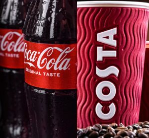 An image showing a stack of glass Coca-Cola bottles on the left, next to a stack of branded Costa Coffee cups on the right, representing the partnership between the two companies.