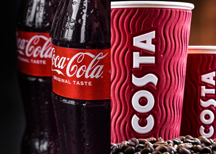 An image showing a stack of glass Coca-Cola bottles on the left, next to a stack of branded Costa Coffee cups on the right, representing the partnership between the two companies.