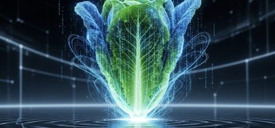 A head of romaine lettuce made of glowing blue and green binary code emerges from a reflective data lake, symbolizing the use of AI in food safety.