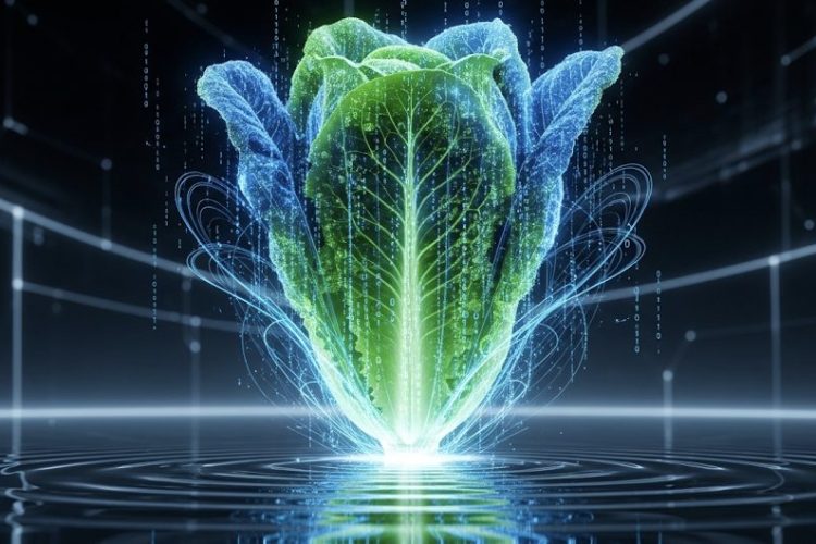 A head of romaine lettuce made of glowing blue and green binary code emerges from a reflective data lake, symbolizing the use of AI in food safety.
