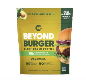 Packaging of Beyond Meat Beyond Burger 6-Pack, highlighting plant-based burger patties with 21g protein per serving, 2g saturated fat from avocado oil, no GMOs, and no cholesterol