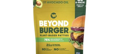 Packaging of Beyond Meat Beyond Burger 6-Pack, highlighting plant-based burger patties with 21g protein per serving, 2g saturated fat from avocado oil, no GMOs, and no cholesterol