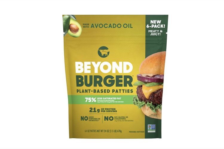 Packaging of Beyond Meat Beyond Burger 6-Pack, highlighting plant-based burger patties with 21g protein per serving, 2g saturated fat from avocado oil, no GMOs, and no cholesterol