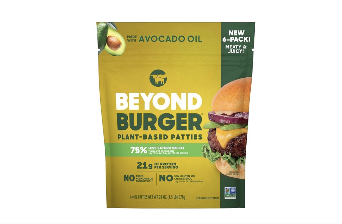 Packaging of Beyond Meat Beyond Burger 6-Pack, highlighting plant-based burger patties with 21g protein per serving, 2g saturated fat from avocado oil, no GMOs, and no cholesterol