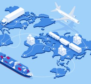 An image depicting the global food supply chain and logistics on a world map.