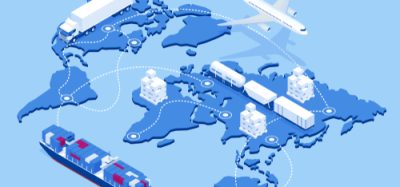 An image depicting the global food supply chain and logistics on a world map.