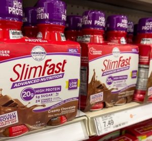 SlimFast products displayed on shelves, now sold by Glanbia to Heartland Food Products Group.