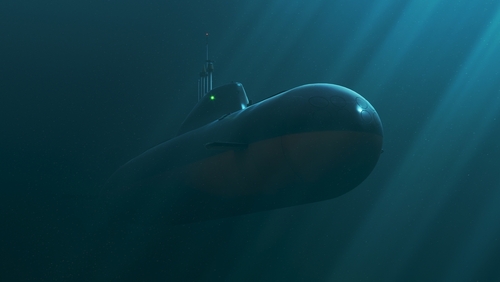 A dark, ominous nuclear submarine is viewed from below, lurking silently beneath the ocean's surface.