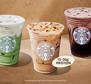 A selection of Starbucks’ new Protein Lattes and Protein Cold Foam drinks, showcasing the variety of flavours now available as part of the company’s high-protein beverage range in US stores.