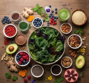 A variety of superfoods arranged on a a table, including raspberries, avocado, matcha and many more.