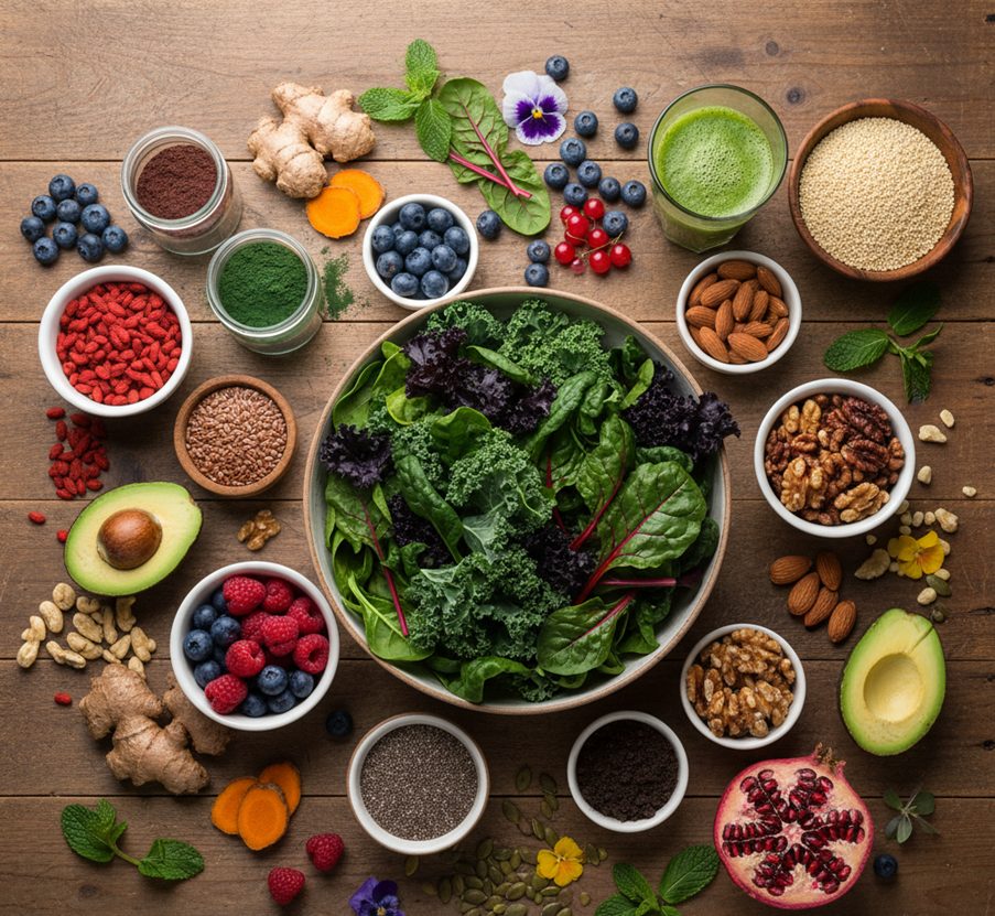 A variety of superfoods arranged on a a table, including raspberries, avocado, matcha and many more.