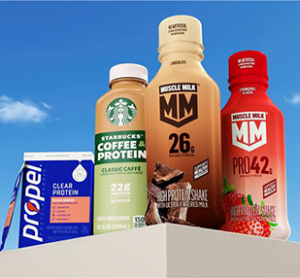 PepsiCo’s 2026 protein beverage range featuring Propel Clear Protein, reformulated Muscle Milk, and Starbucks Coffee + Protein in assorted flavours and packaging.