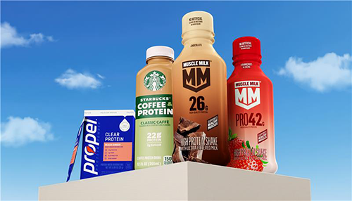 PepsiCo’s 2026 protein beverage range featuring Propel Clear Protein, reformulated Muscle Milk, and Starbucks Coffee + Protein in assorted flavours and packaging.